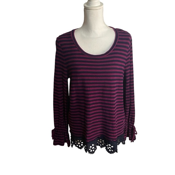 Crown & Ivy Navy Striped Lace Trimmed Pullover Top - Picture 8 of 10